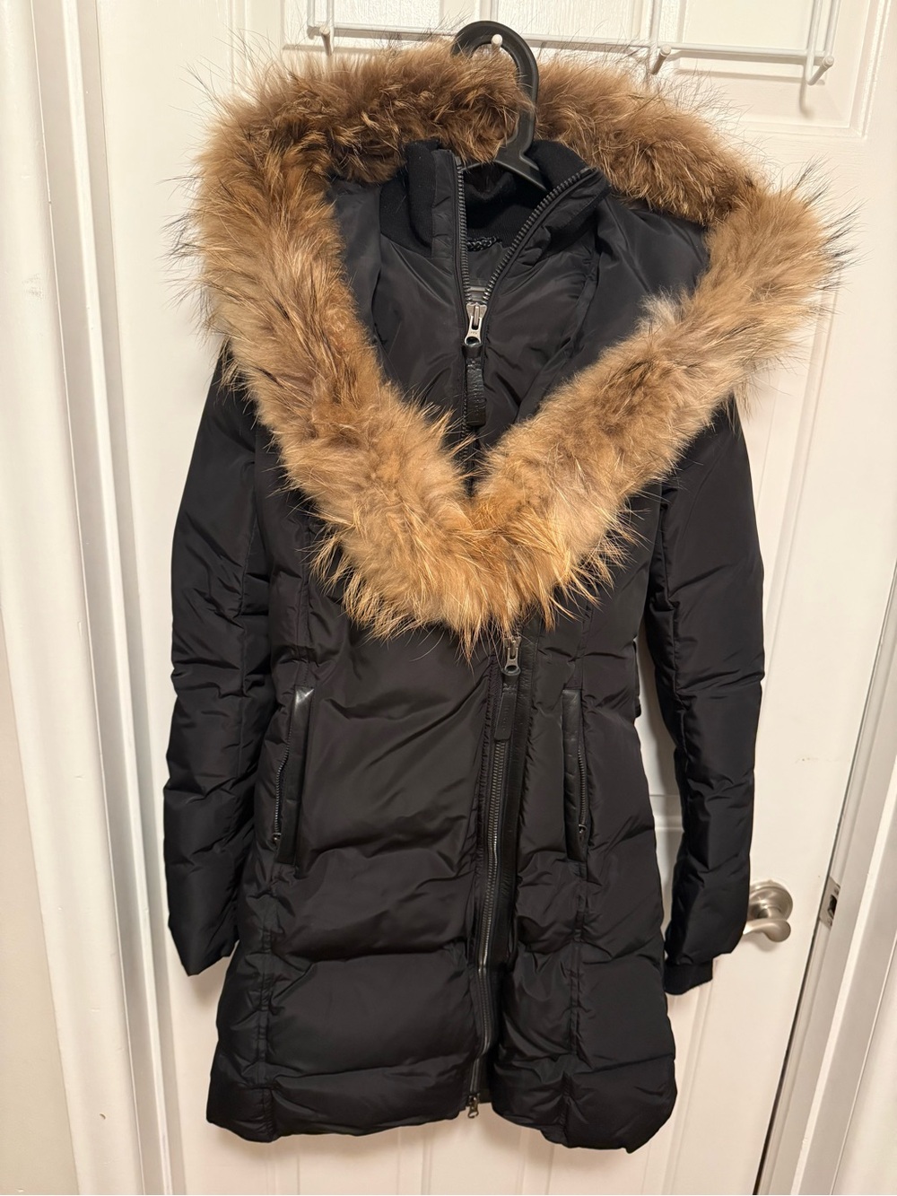 Mackage Black Puffer Coat with Brown Faux-Fur Trim